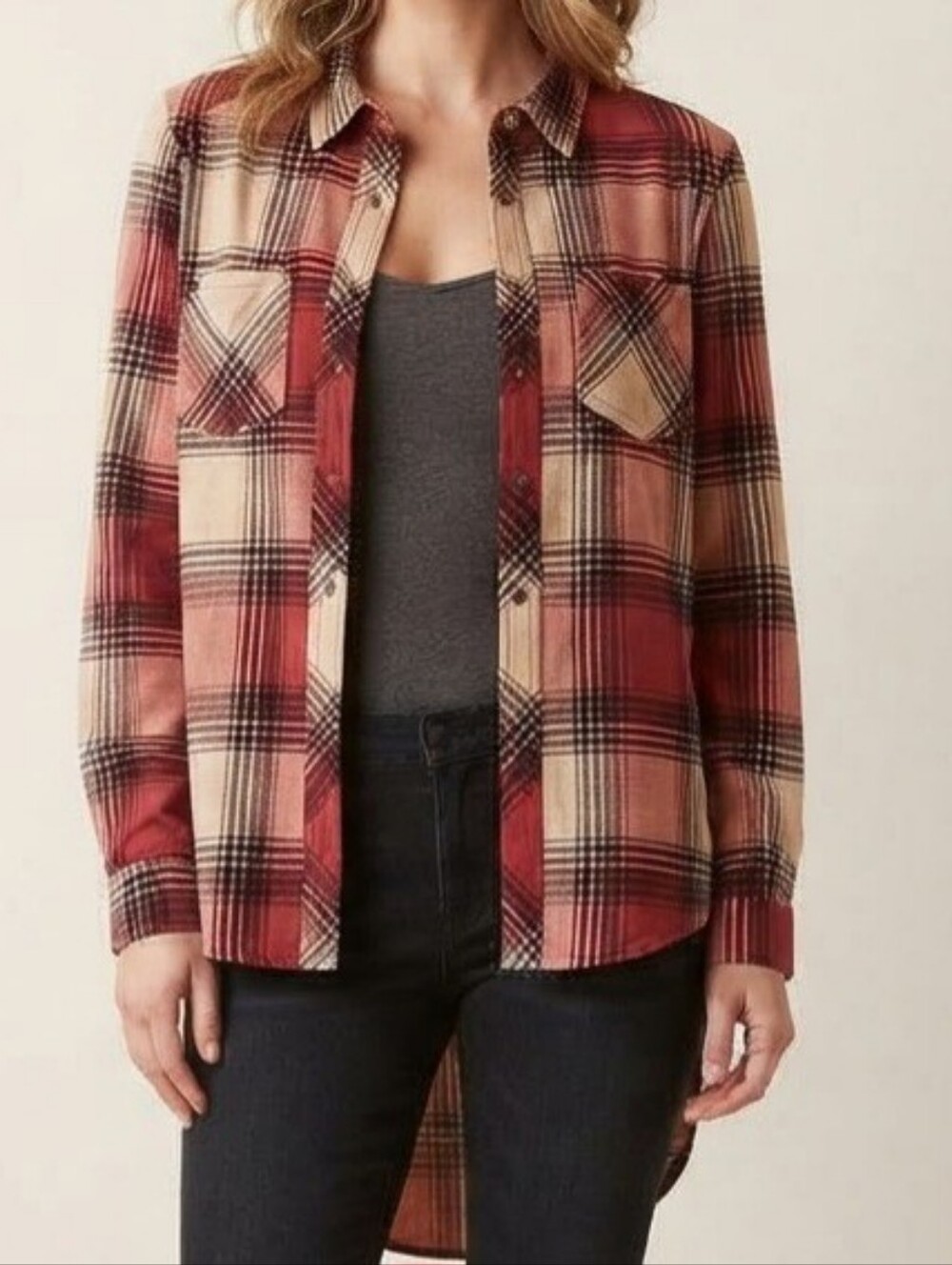 Eden & Olivia Women’s M Red Plaid Flannel Shirt Button‑Up Long Sleeve Pockets